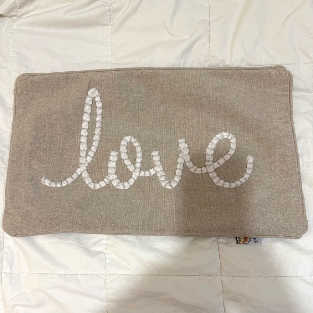 Tan Rectangular Pillow Cover with Raised White 'Love' Embroidery 20*12